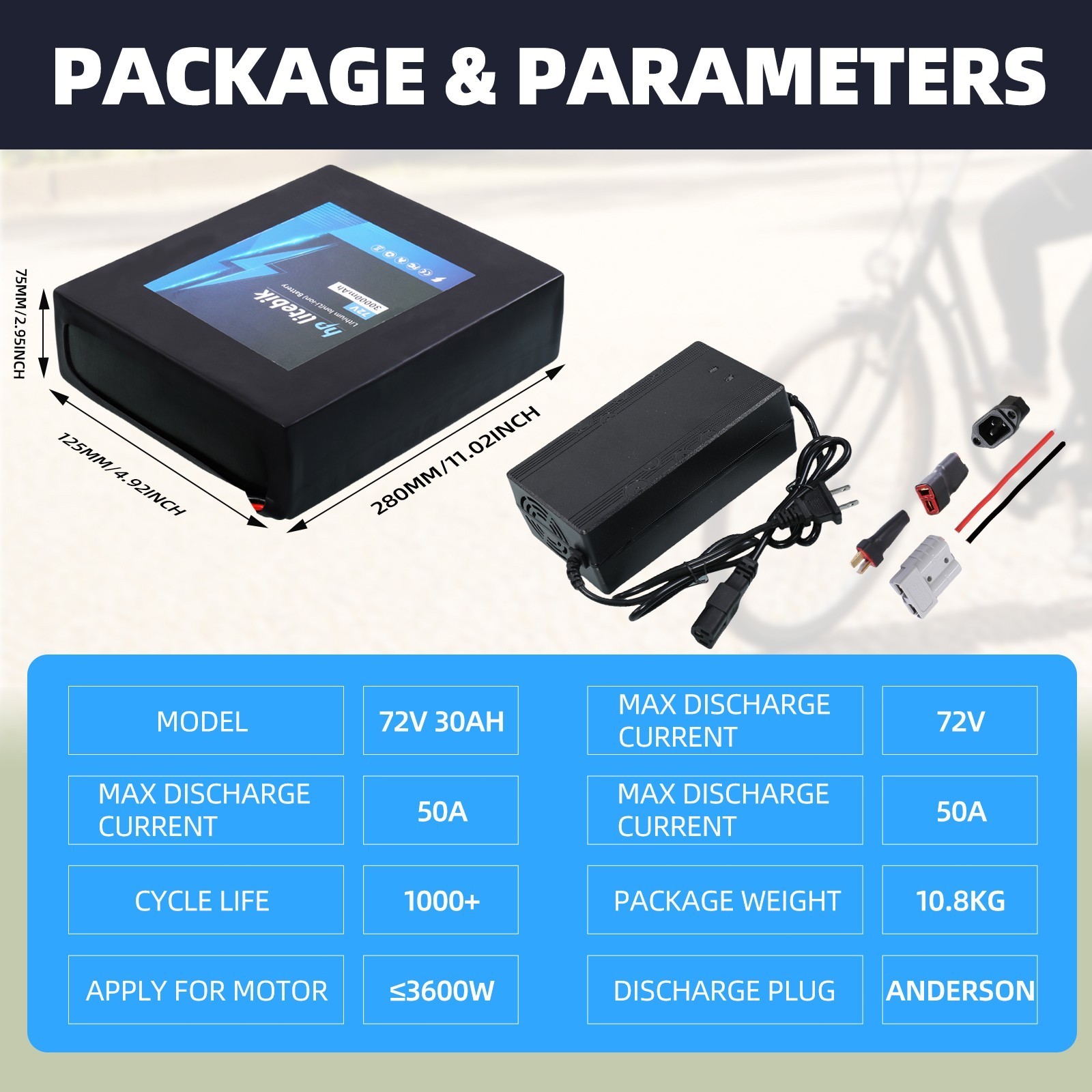 72V 30AH Ebike Lithium Battery BMS for Electric Bike 3600W Motors Anderson plug