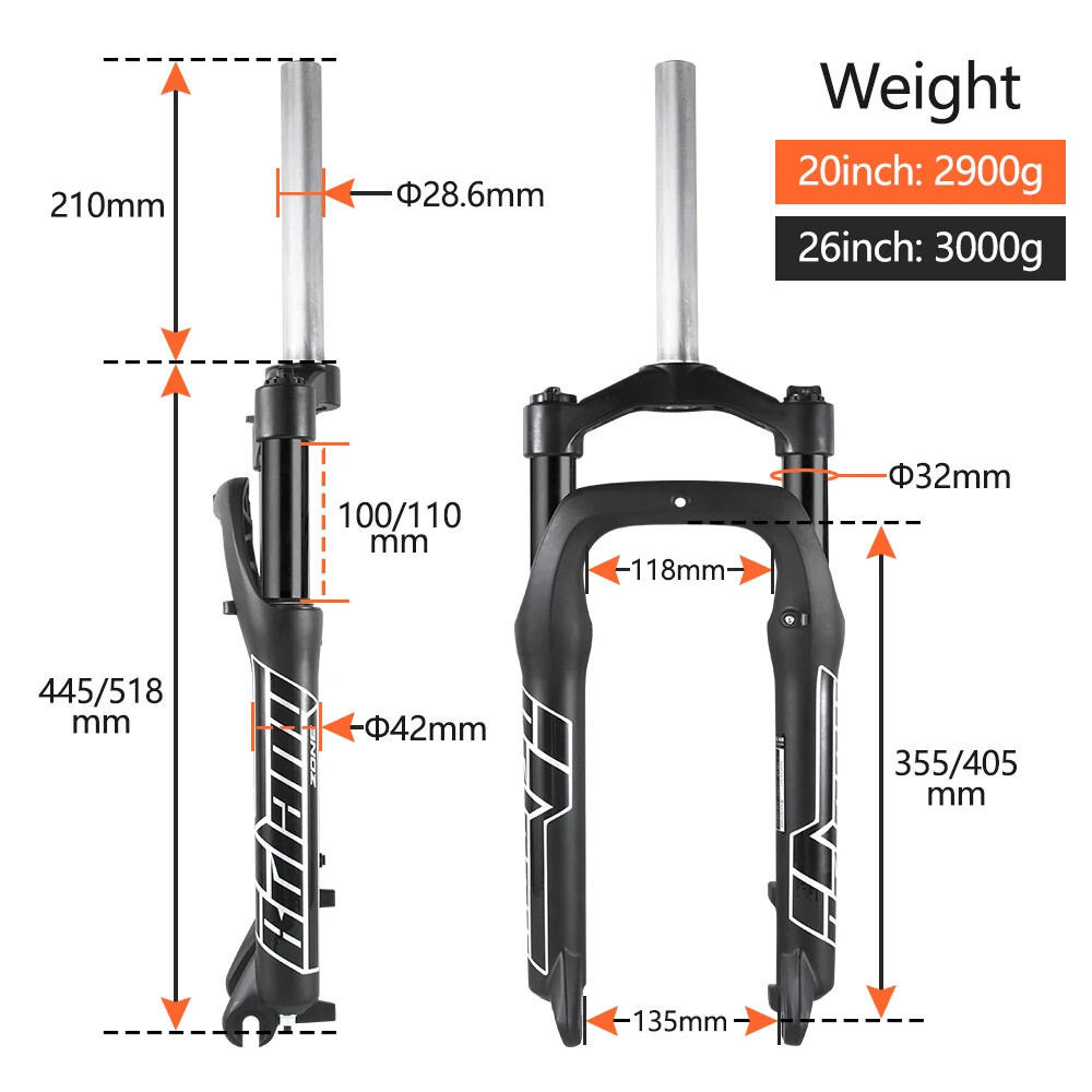 Snow Bike Air Fork 20/26in Fat Tire MTB E-bike Supension Front Fork 100mm Travel
