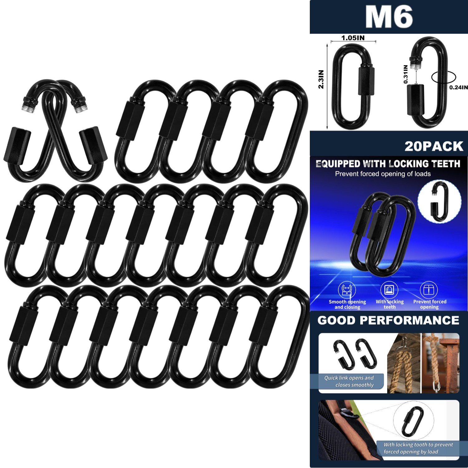 20PC M6 Screw Galvanized Steel Heavy Duty Quick Links – 1/4″ Locking Carabiner