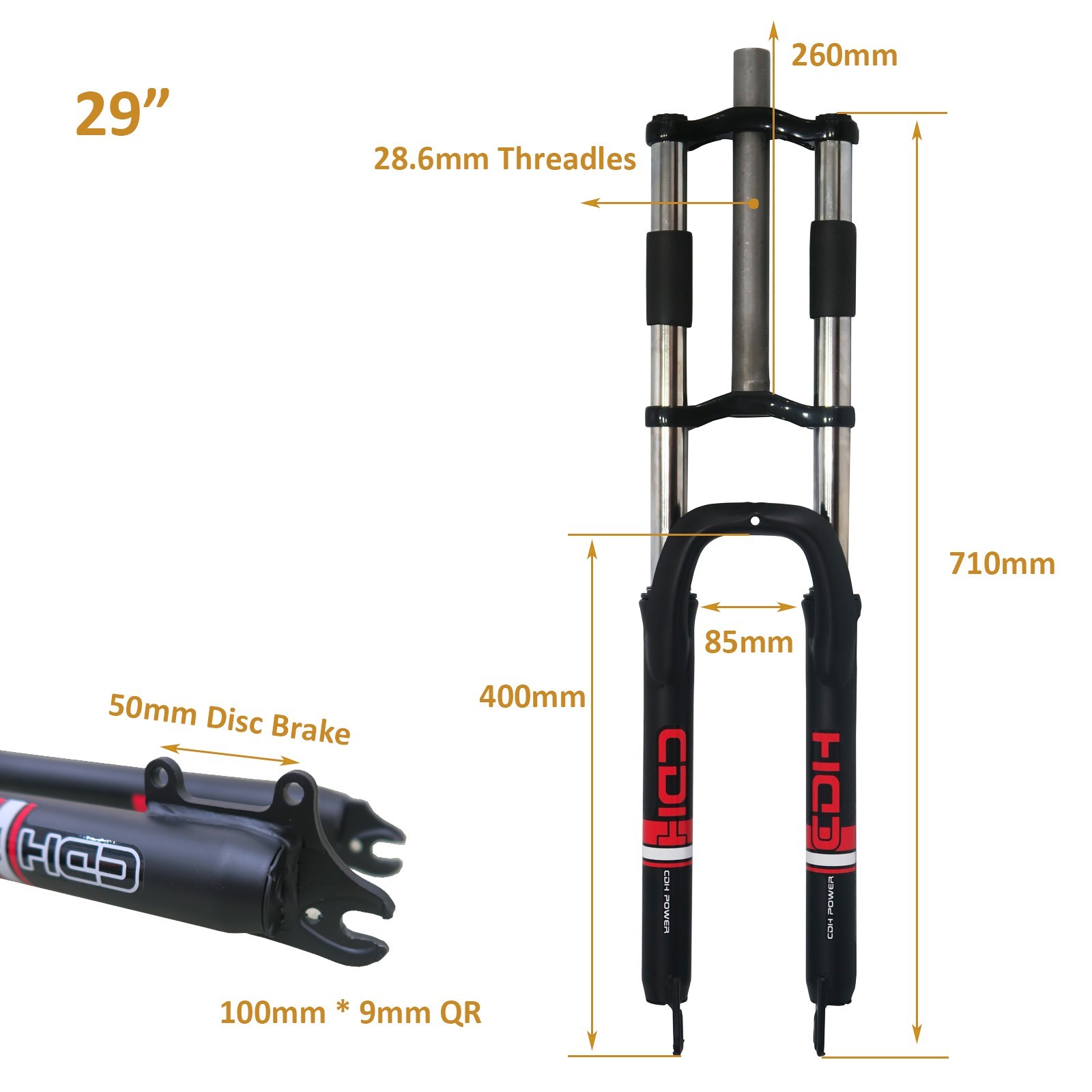 29″ Bicycle Suspension Fork 28.6mm Threadless Triple Tree Double Shoulder Disc