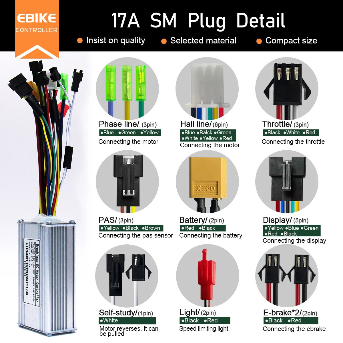 3-Mode 17-40A Sine Wave Controller LCD S866/GD02 Color Compatible Hall Free Hub