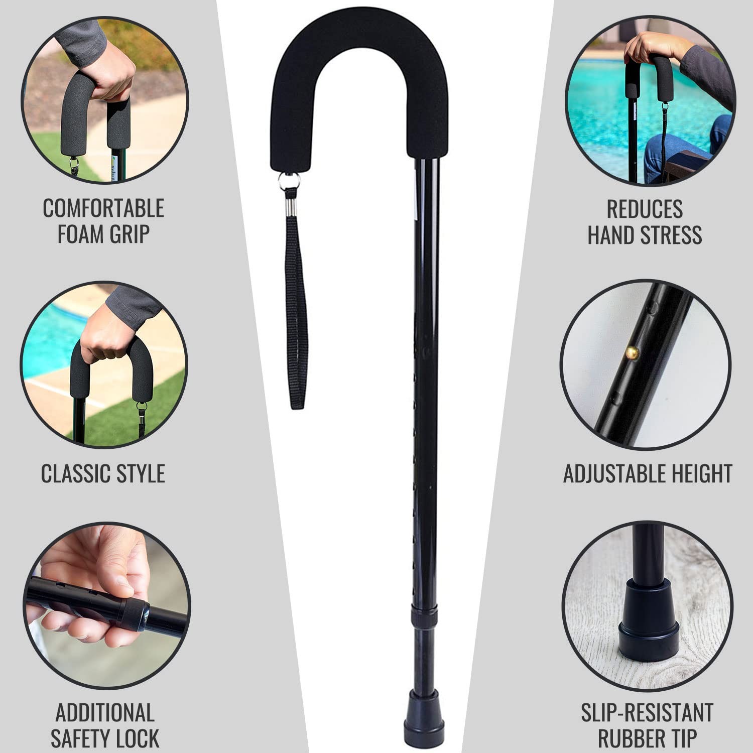 DMI Deluxe Adjustable Cane with Comfort Grip 1 Count (Pack of 1), Black
