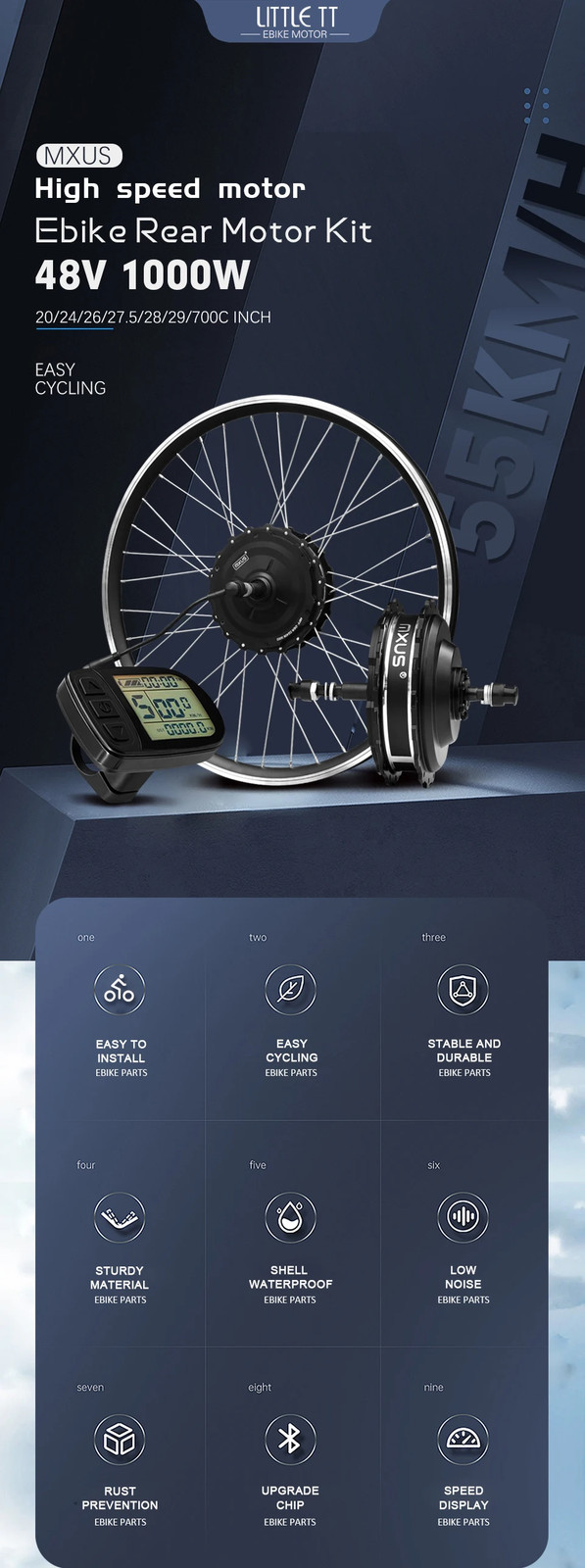 48V 1000W Mountain Electric Bike 20-29in700C Rear Brushless Gear Hub Motor Wheel