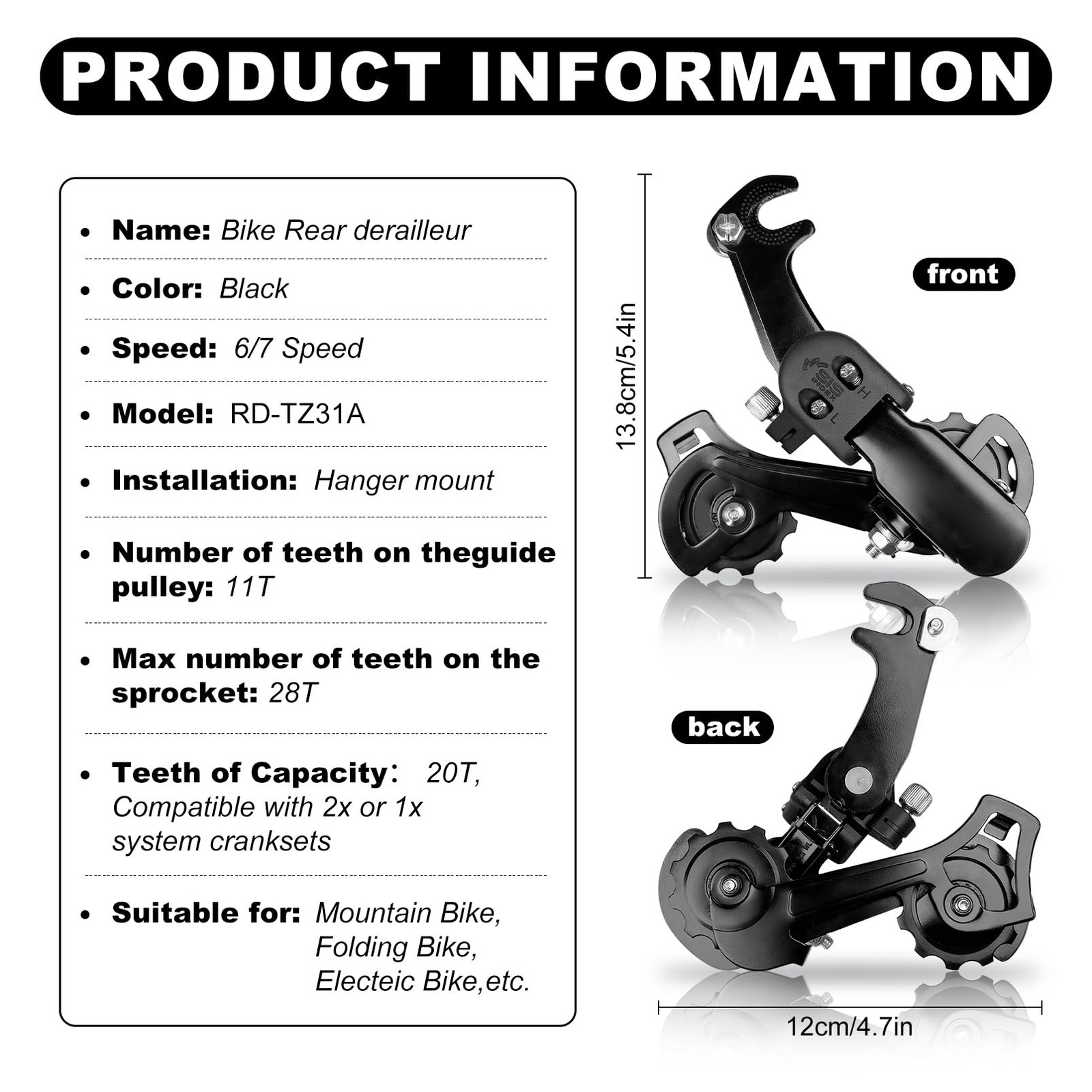 Bike Rear Derailleur RD-TZ31A 6/7 Speed Derailleur Hanger Mount for Mountain,…
