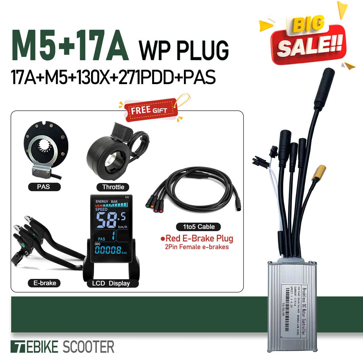 3 Mode E-bike Sinewave Controller 17A 26A 30A 40A with M5 M9 Display 250W-2000W