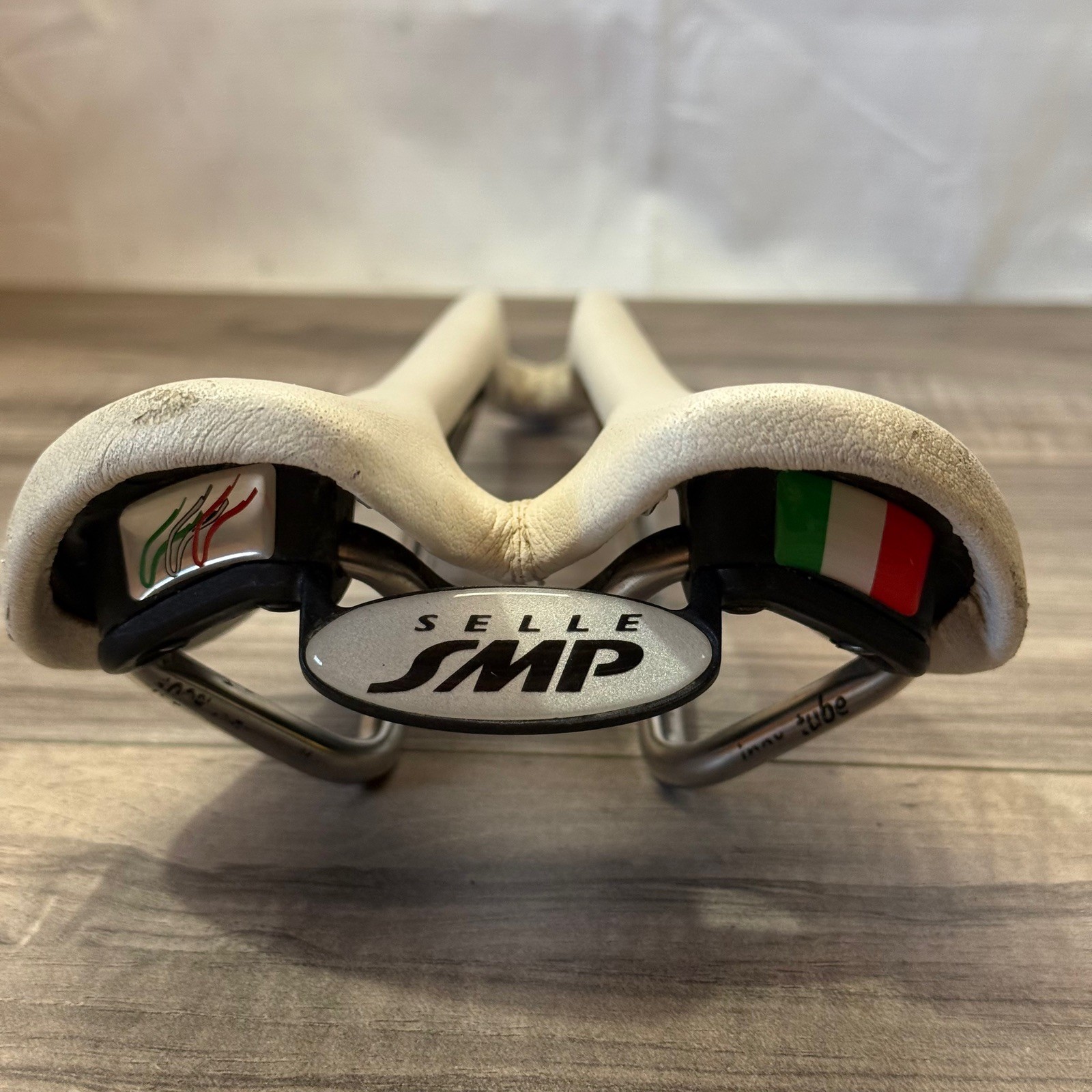 Selle SMP Evolution Saddle White Leather Stainless Steel Rails