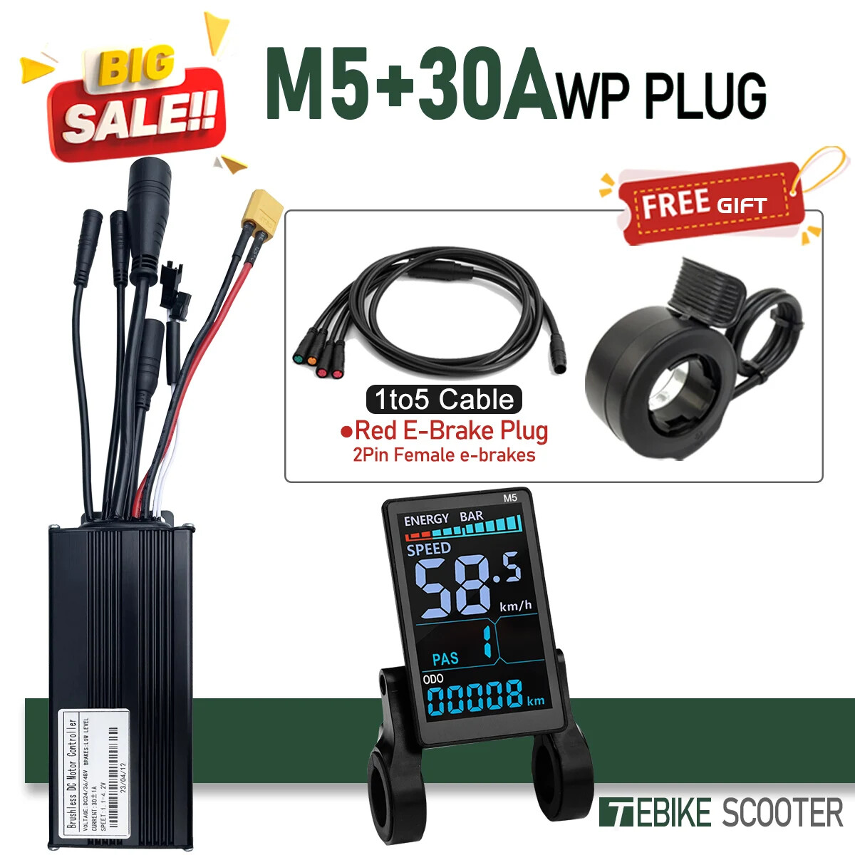 Ebike Sinewave 3 Mode 17A26A30A40A Controller +Color M5 Display 350W-2000W Motor