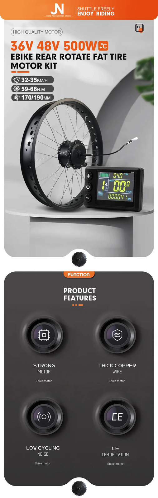 20 24 26in Snow Ebike Fat Tire Conversion Kit 36V 48V 500W Rear Rotate Hub Motor