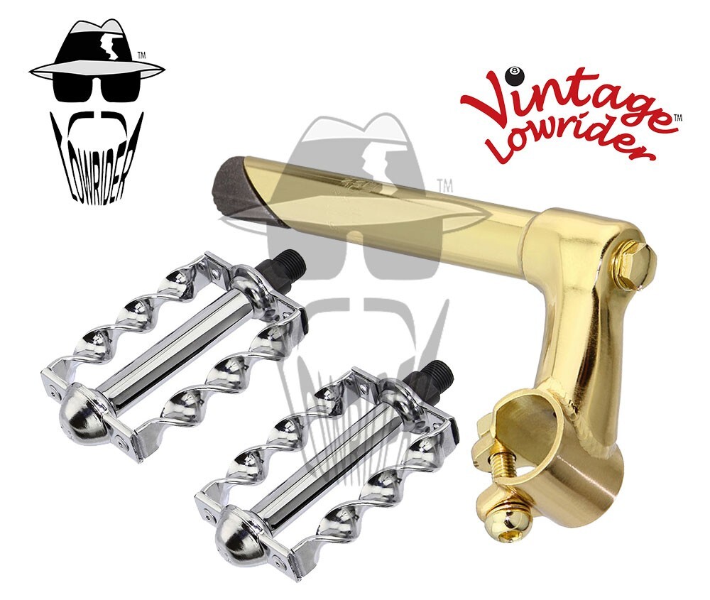 Vtg Lowrider Stem Classic 21.1 Gold & Pedals Flat Twisted 9/16″ Chrome