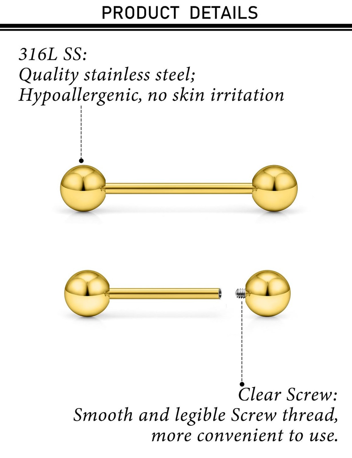 16G 14G 12G Gold Nipple Piercings Tongue Rings Externally/Internally Threaded…