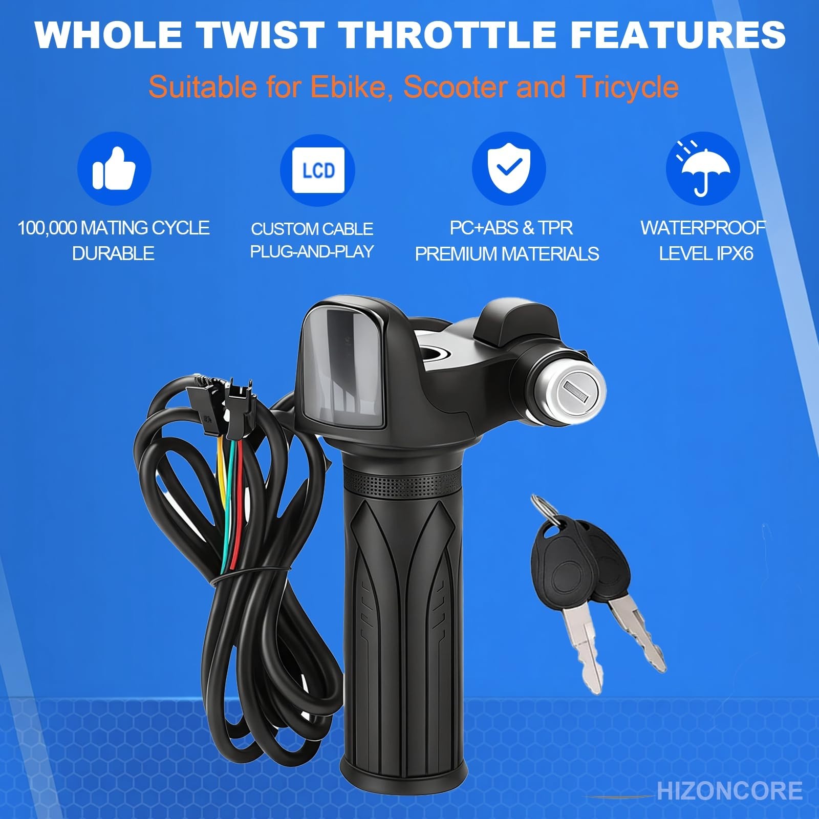 Full Twist Throttle for Ebike, 48V Plug & Play, LCD Display, Key Lock, Easy Inst