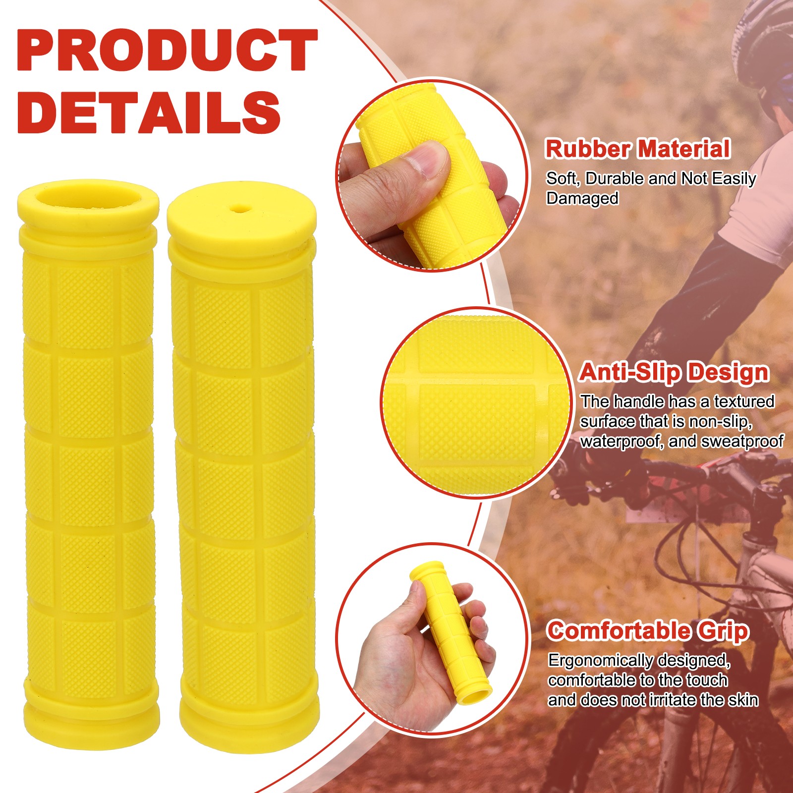 Soft Rubber Handlebar Grips, Bicycle Handlebar Grips 5.3 in 2 Pair Yellow