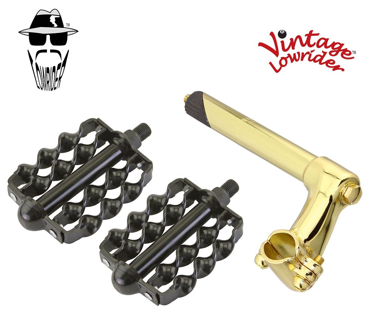 Vtg Lowirder Stem 2-Screw 22.2 Gold & Pedals Double Flat Twisted 1/2″ Black