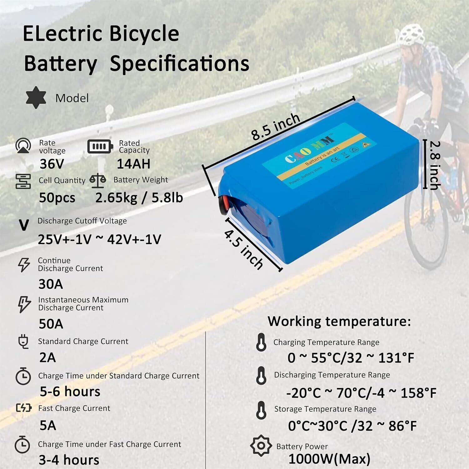 Li-ion EBIKE Battery 36V 14Ah for 200W-1000W Electric Motor Bicycles & 30A BMS