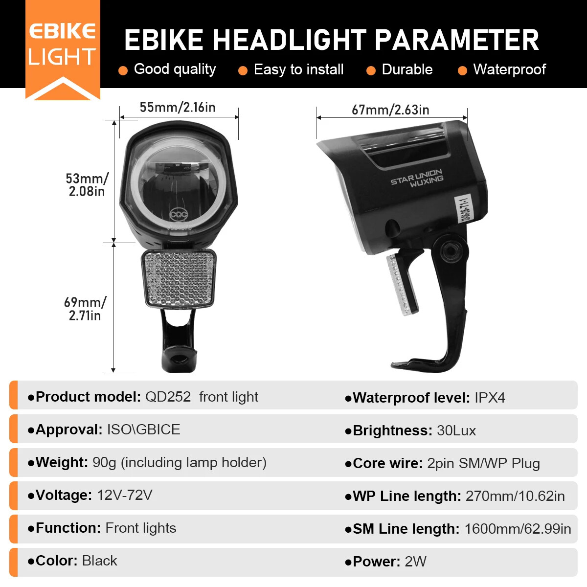 E-Bike Front Light QD252 12V 24V 36V 48V 60V 72V SM/Waterproof Front Headlight