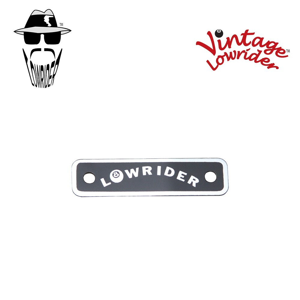 VINTAGE LOWRIDER 8 BALL CURVED RECTANGULAR LOWRIDER NAMEPLATE BLACK/CHROME.