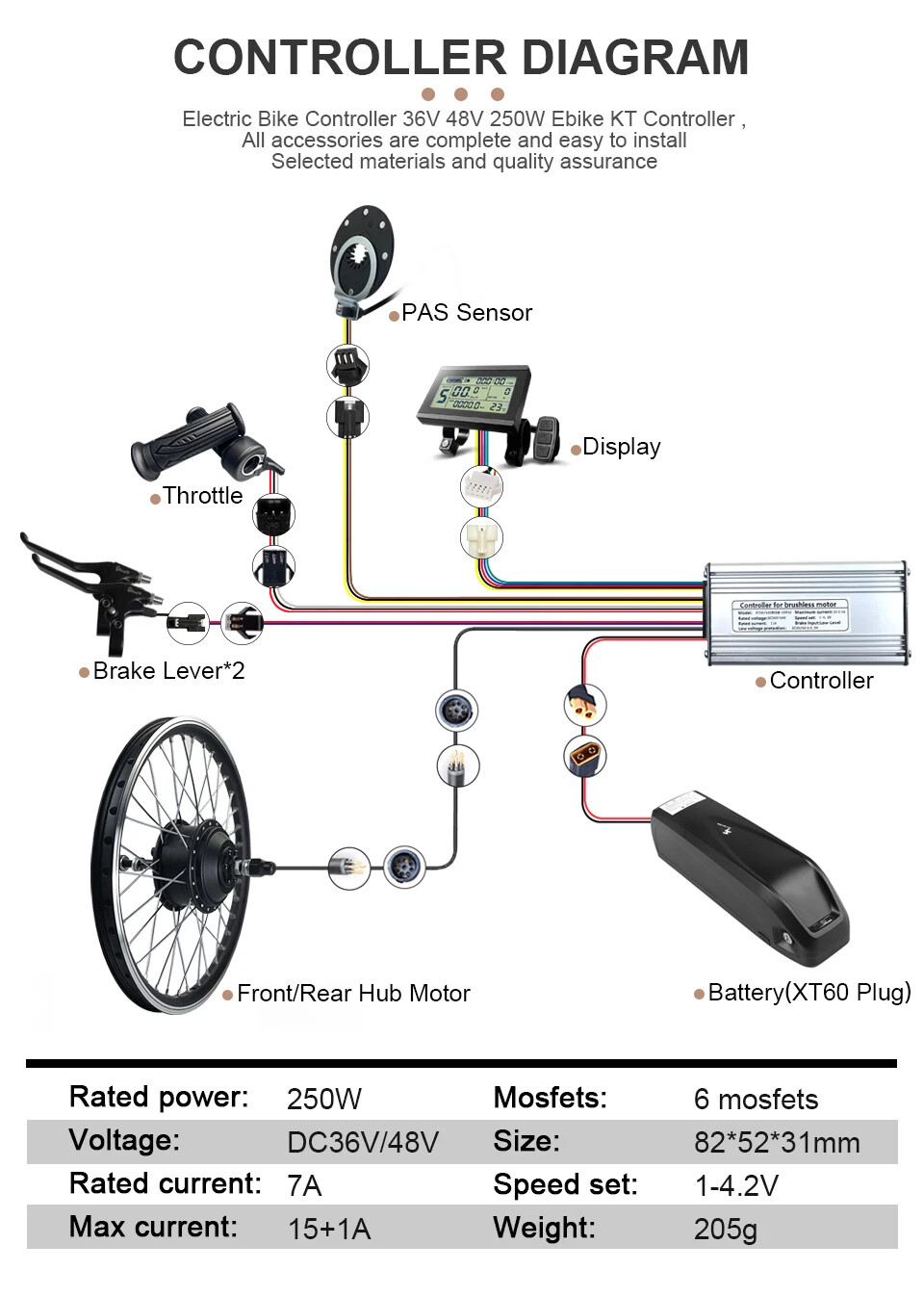 MTB Ebike Conversion Kit 36/48V 250W Brushless Front Rear Hub Motor 16-29In 700C