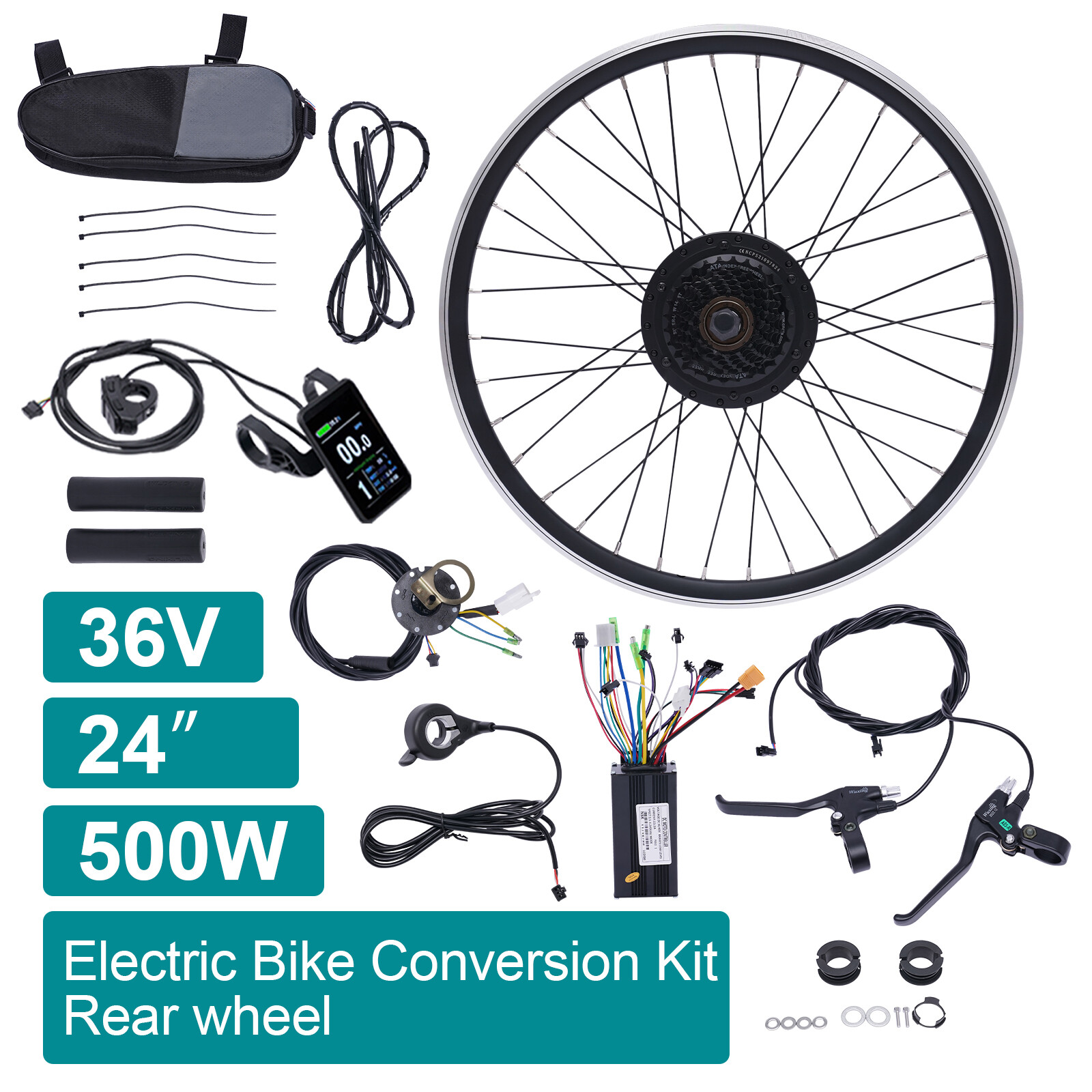 24 Inch Electric Bicycle Conversion Kit E-Bike Rear Wheel Motor Hub Set 36V 500W