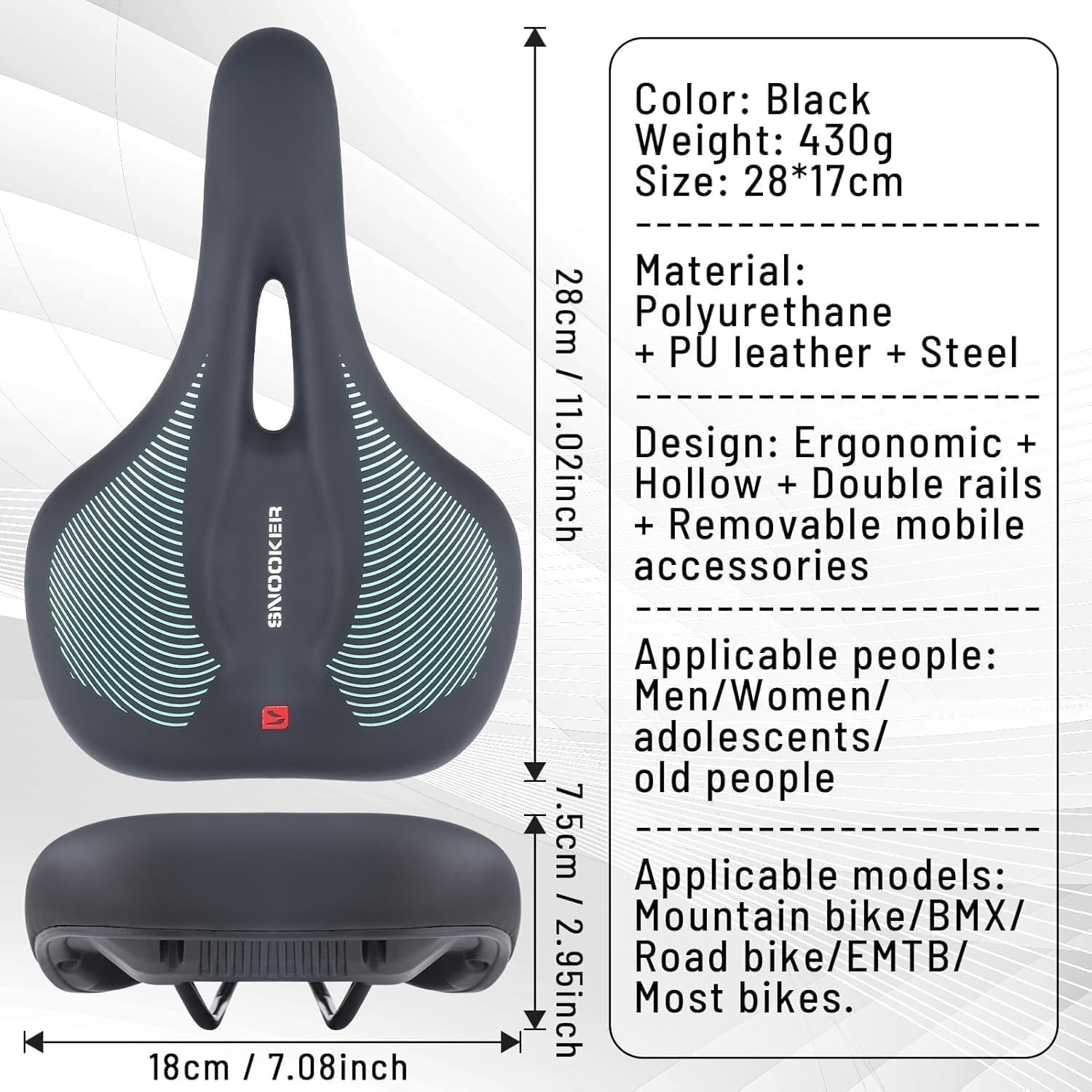 Comfortable Gel & Foam Bike Seat for Men & Women, Ergonomic 5-Zone Support, Wate