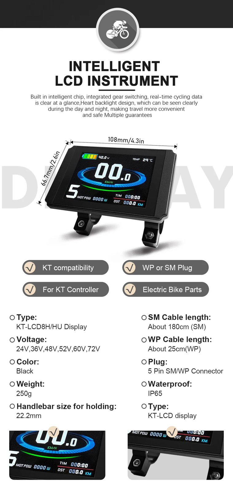 E-bike Display with USB 24V/36V/48V/52V/60V72V for Electric Bike Kit Accessories