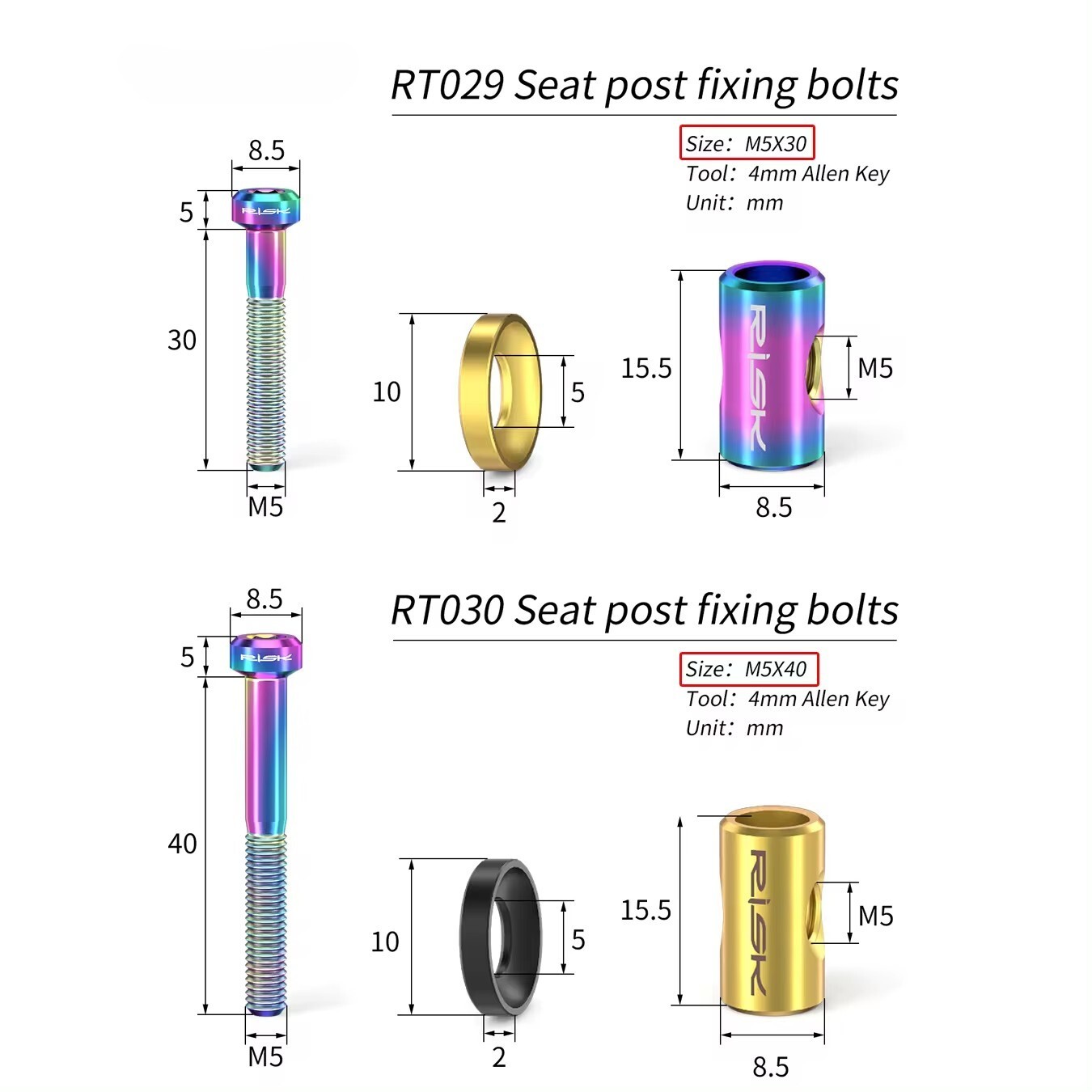 2PCS Bike Seat Post Fixed Bolts Titanium Alloy M5X30mm/40mm Seatpost Screw