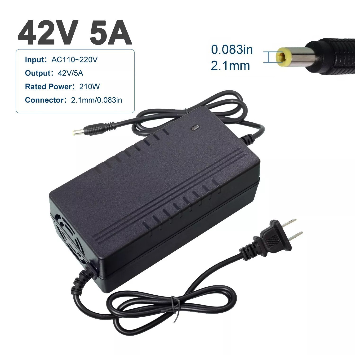 42V 5A Adapter Charger 36V Lithium Battery with 5.5mm*2.1mm DC Plug Port 210W