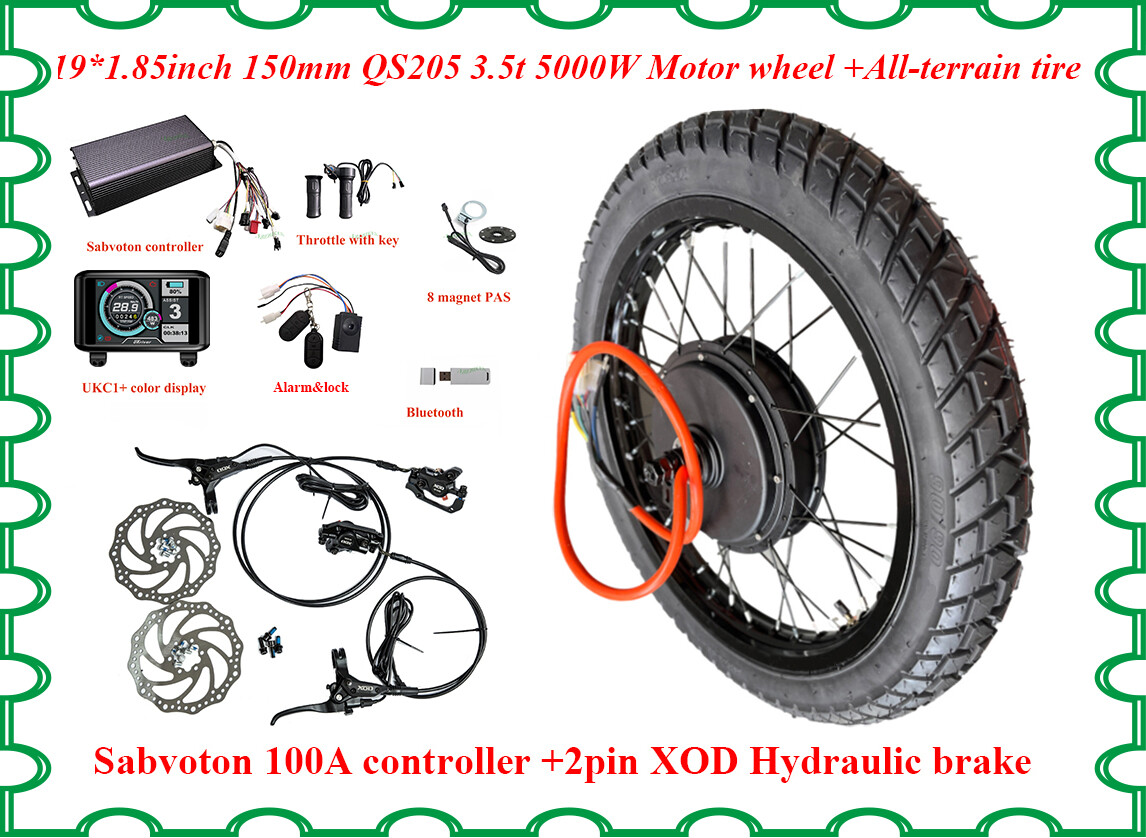 19/21 in QS205 3.5T 5000W motor wheel+90/90Street tire+Sabvoton 100A controller.