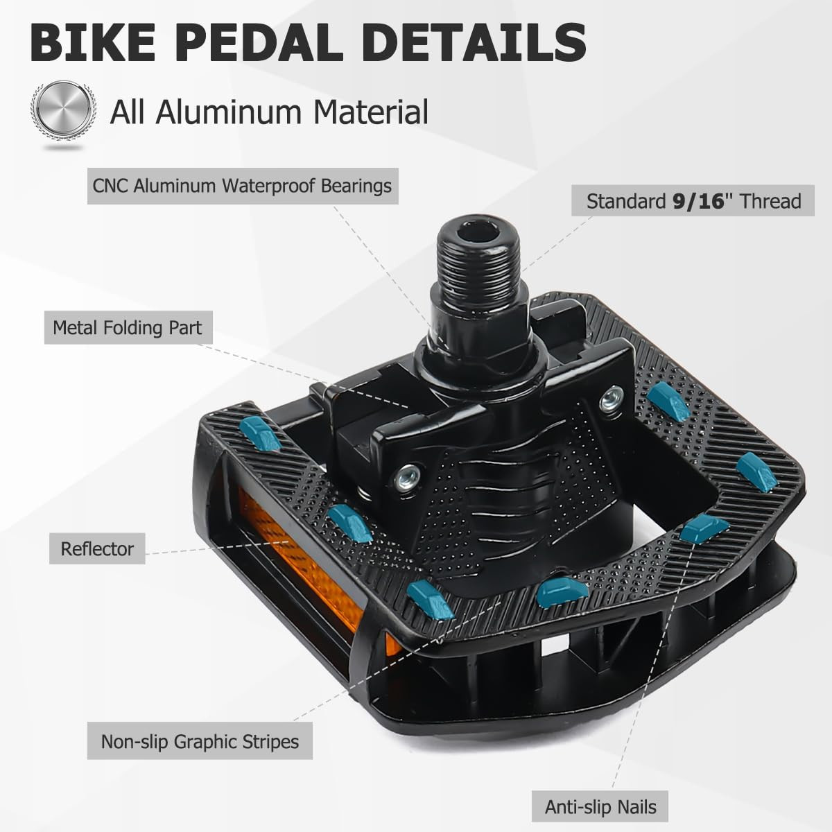 Folding Bike Pedals, Mountain Bike Pedals CNC Aluminum Bicycle Flat Pedals, 9/16