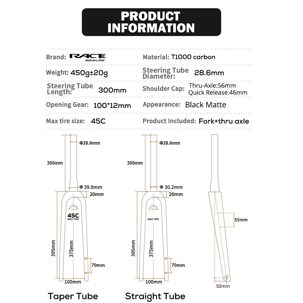 Carbon Gravel Bike Front Fork 700C Straight Tapered Tube Half Internal Cable