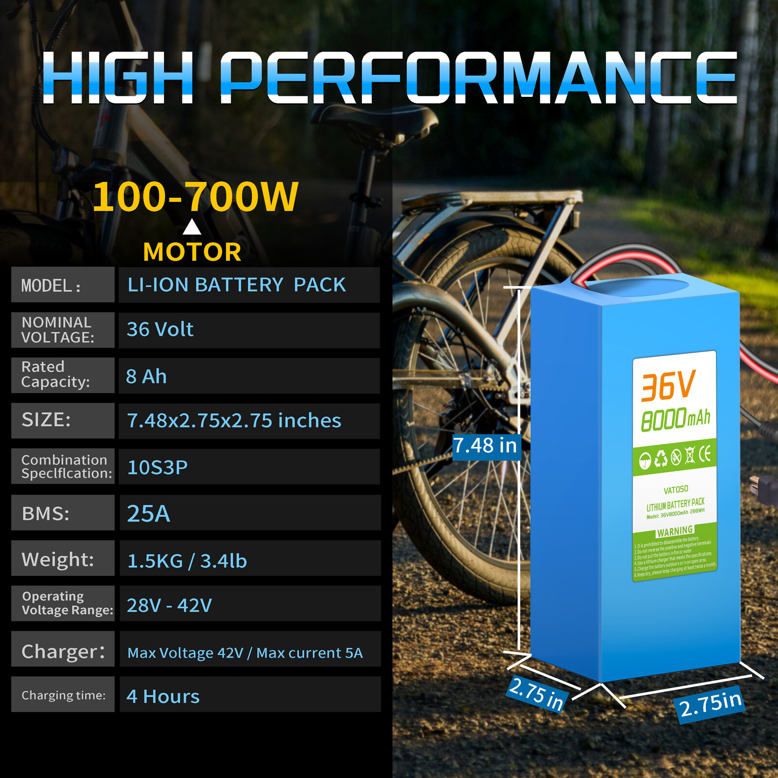 36V 8AH Ebike Battery Lithium for 100W-500W Ebike Electric Bicycle 25A BMS