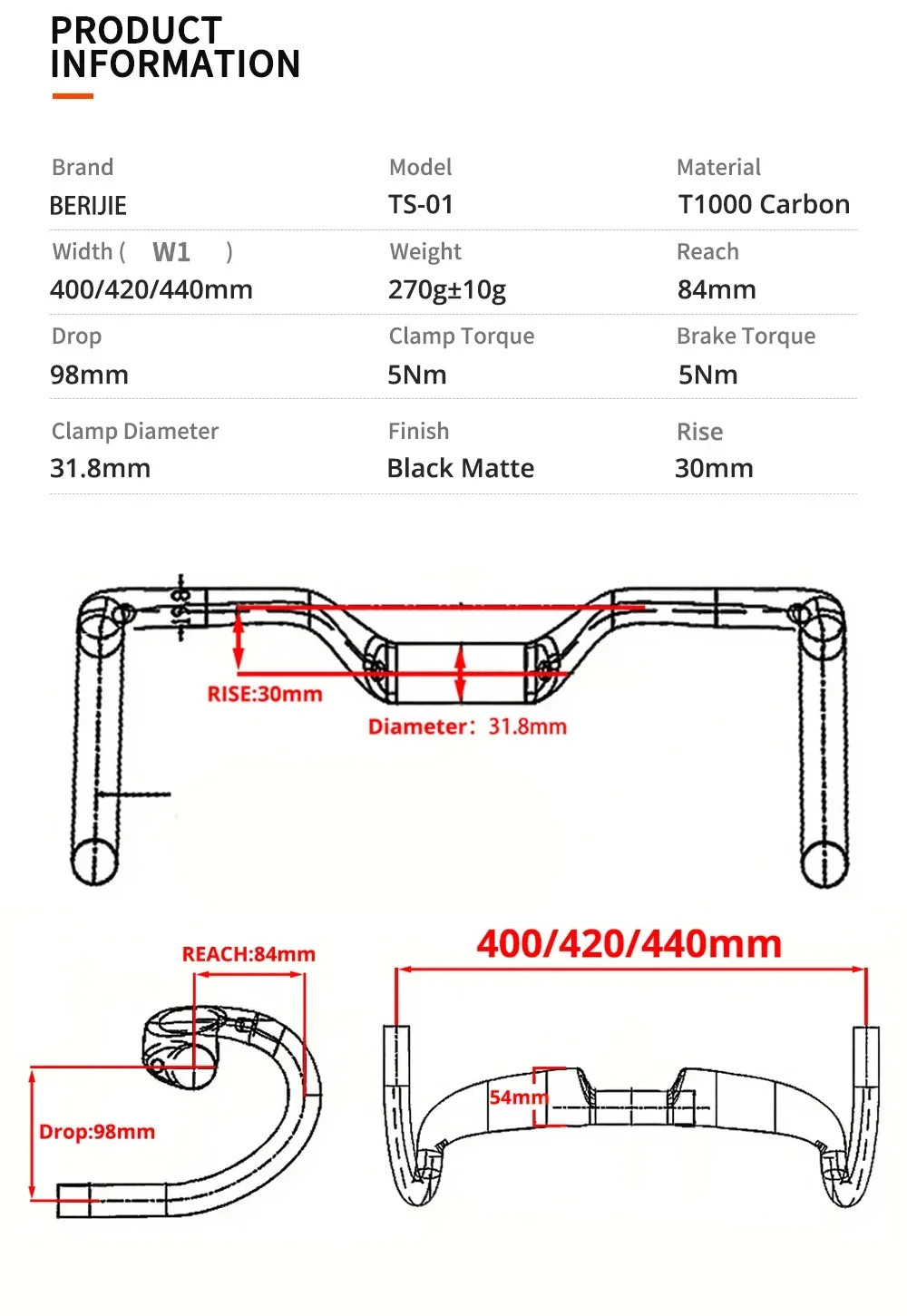 Road Bike Carbon Handlebar Internal Routing 30mm Rise 400-440mm Width Bent Bar