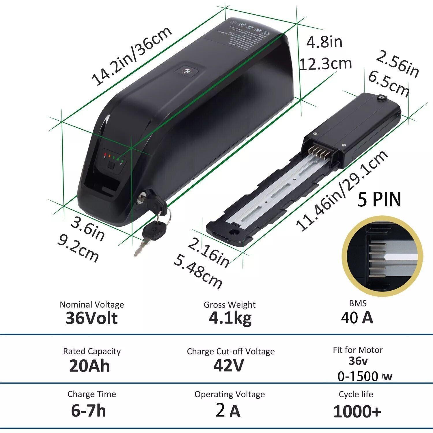 36V 48V 10Ah 15Ah 20Ah Lithium Battery BMS 5-Pin for 0-2000W Ebike Electric Bike