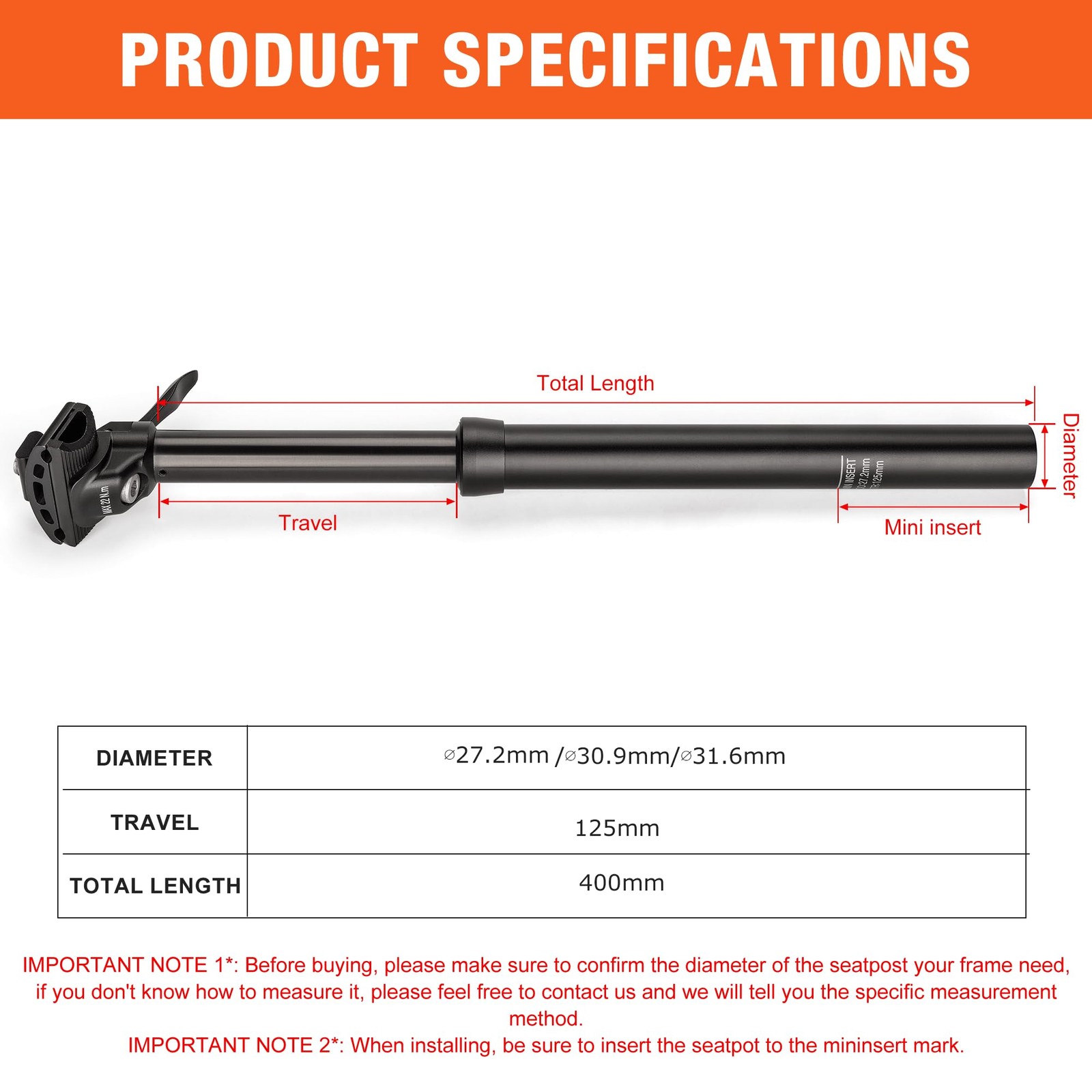 Dropper Post 27.2/30.4/30.9/31.6mm x 400mm Length 125mm Travel 27.2, Black
