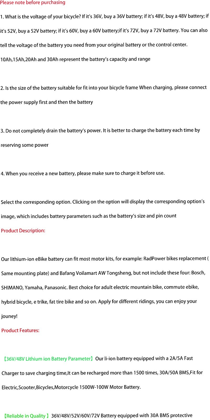 36V 48V 52V 60V 72V Lithium Ebike Battery for ≤3600W Electric Bike Bike Scooter