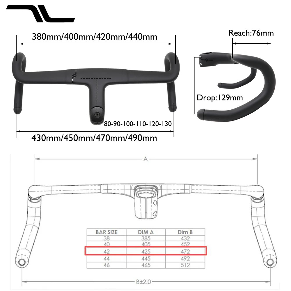 Road Bike Handlebar I Stem 80-130mm Width 380-440mm -7° Angle 129mm Drop 76mm