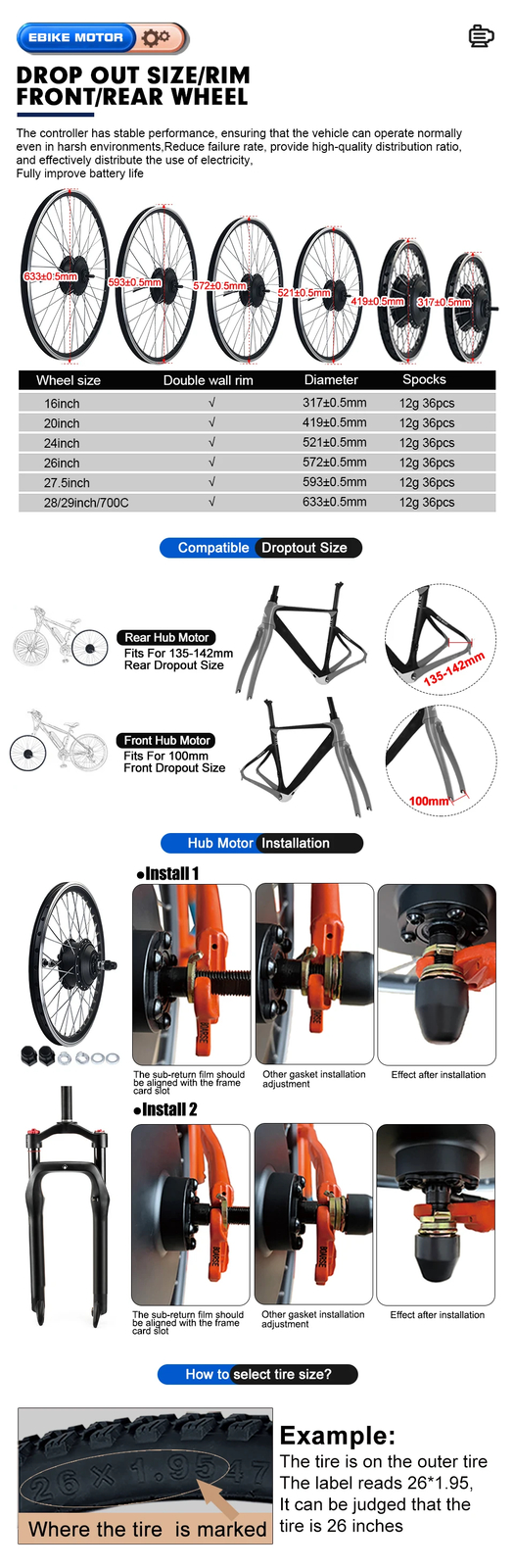 48V 36V 350W 500W 1000W 1500W 2000W Mountain E-bike Front Rear Wheel Hub Motor