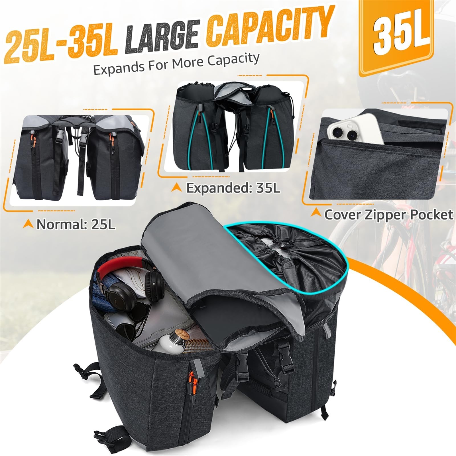 WOTOW Panniers Bike Bags Waterproof – Rear Bike Rack Bag Expandable to 35L, D…