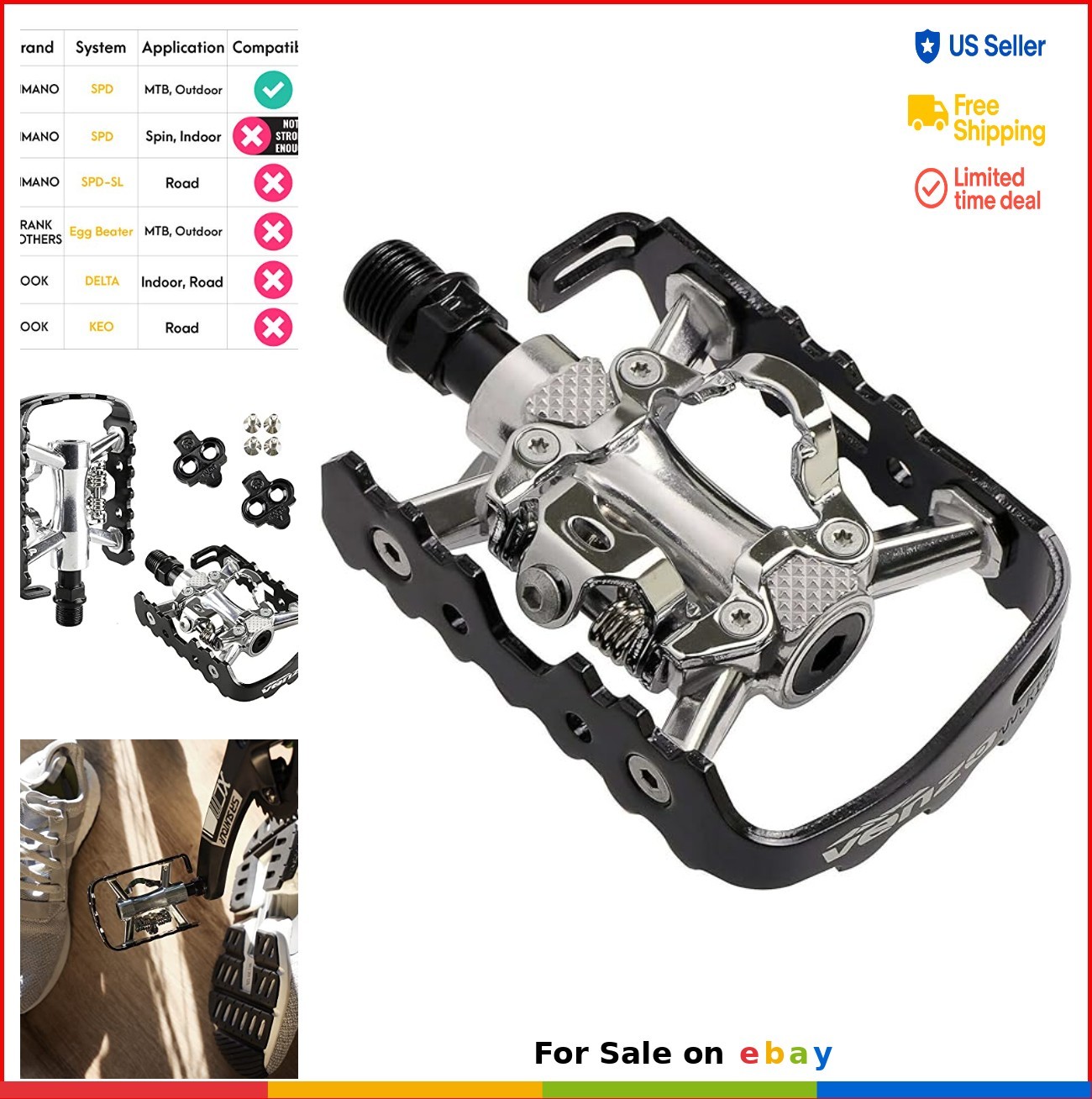 Mountain Bike Pedals Dual Platform SPD Clipless Sealed Bearing Cr-Mo Axle