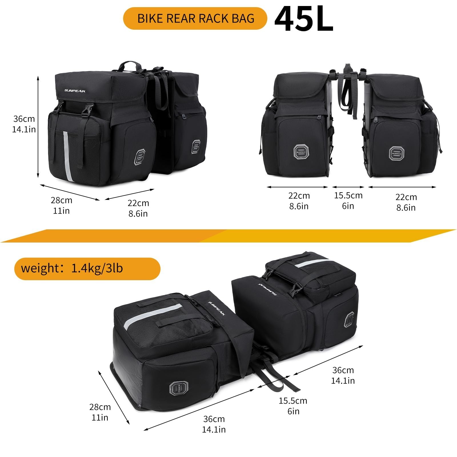 Sunpeak Bike Bag Accessories Panniers for Bicycle Rear Rack Bag 45L Waterproo…
