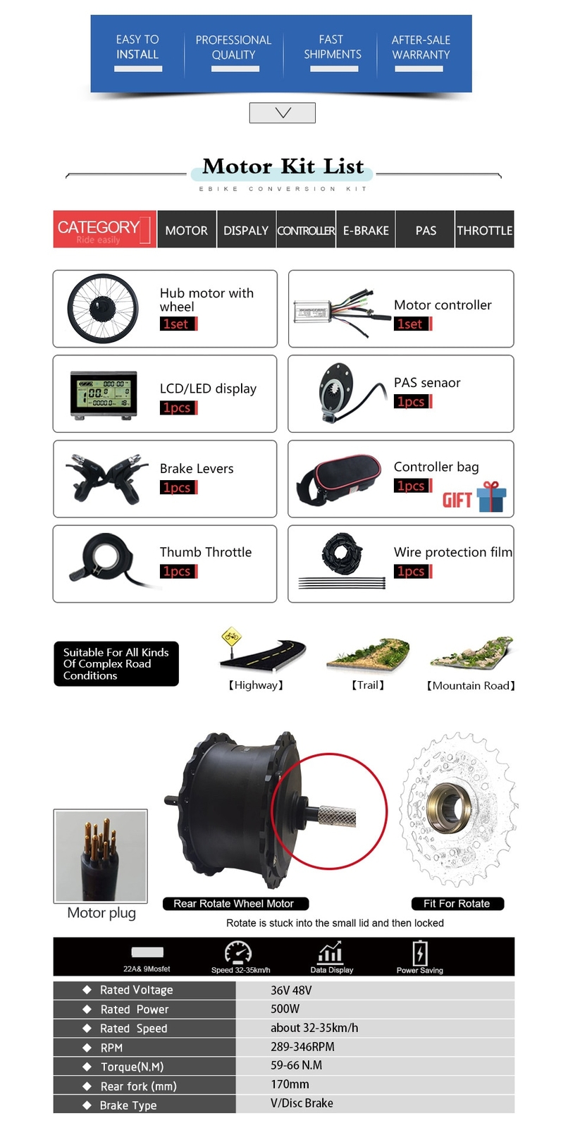 20/26*4.0inch Snow Bike E-bike Conversion Kit 36V 48V 500W Rear Rotate Hub Motor