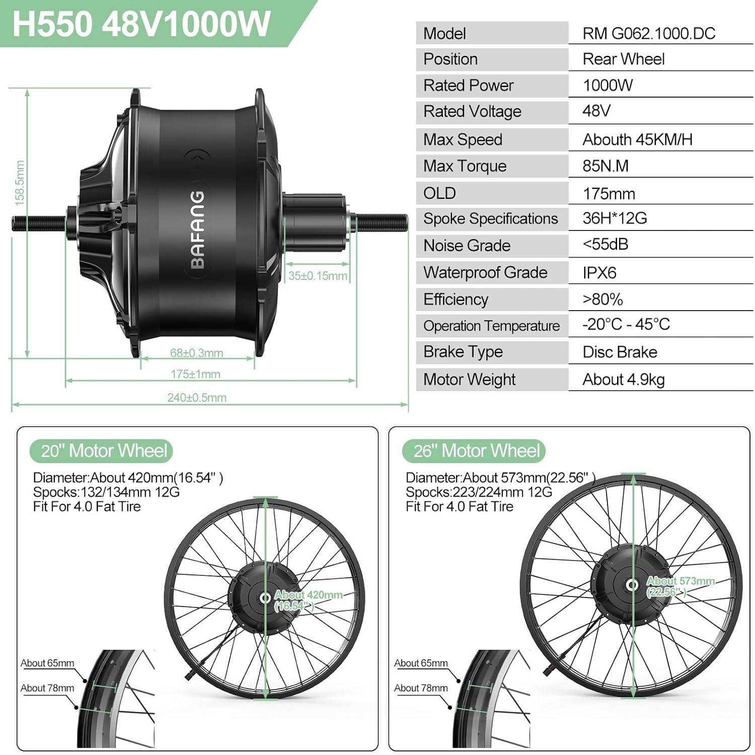 48V1000W Bafang Rear 26″ 20” Fat Wheel Hub Motor Bicycle Conversion Kit USA