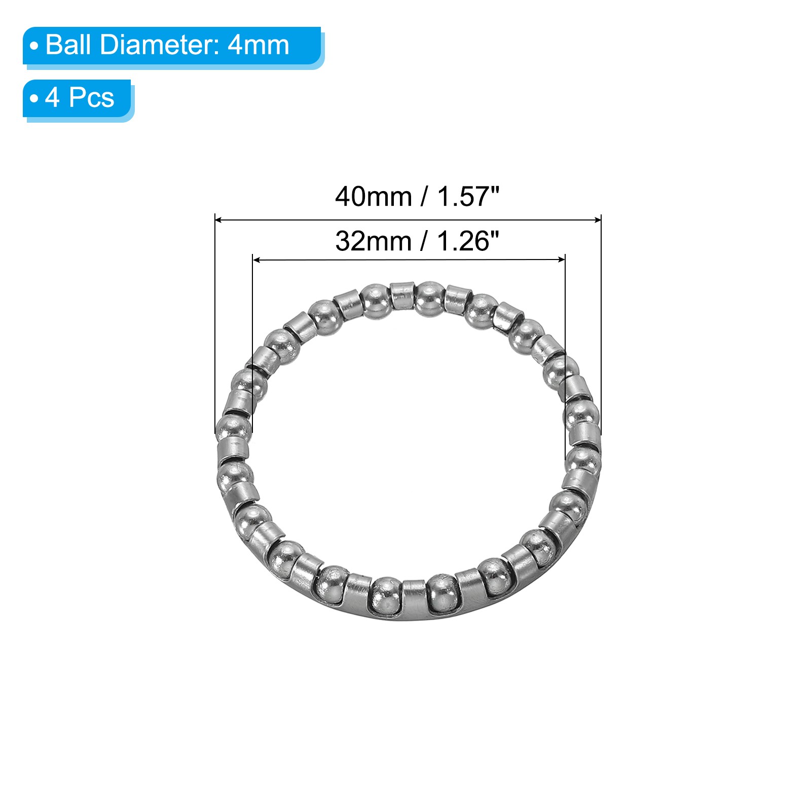 Bike Ball Crank Bearing 40mm x 20 Balls, 4 Pack Bicycle Bearings, Silver