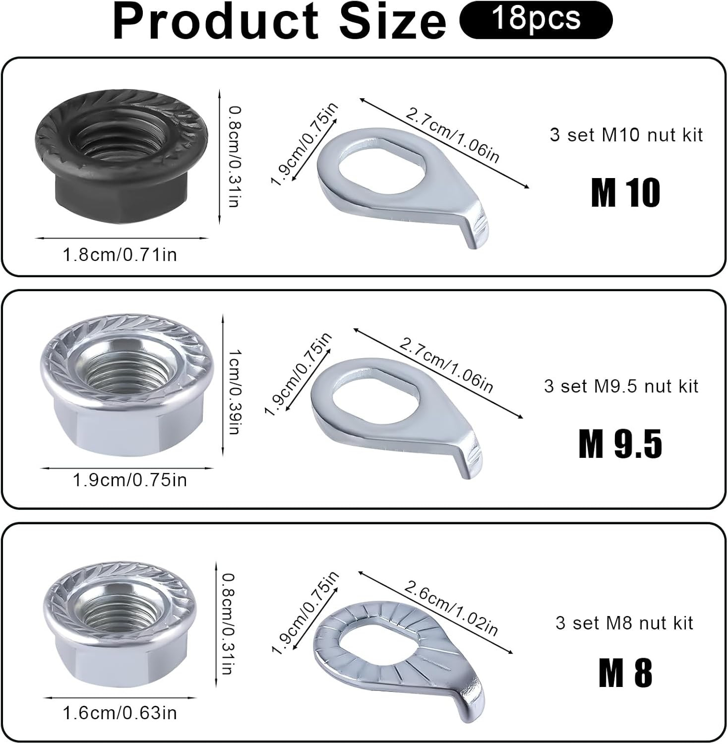 Bike Wheel Axle Nut and Bicycle Hub Safety Washer Kit, Flanged Nuts Parts