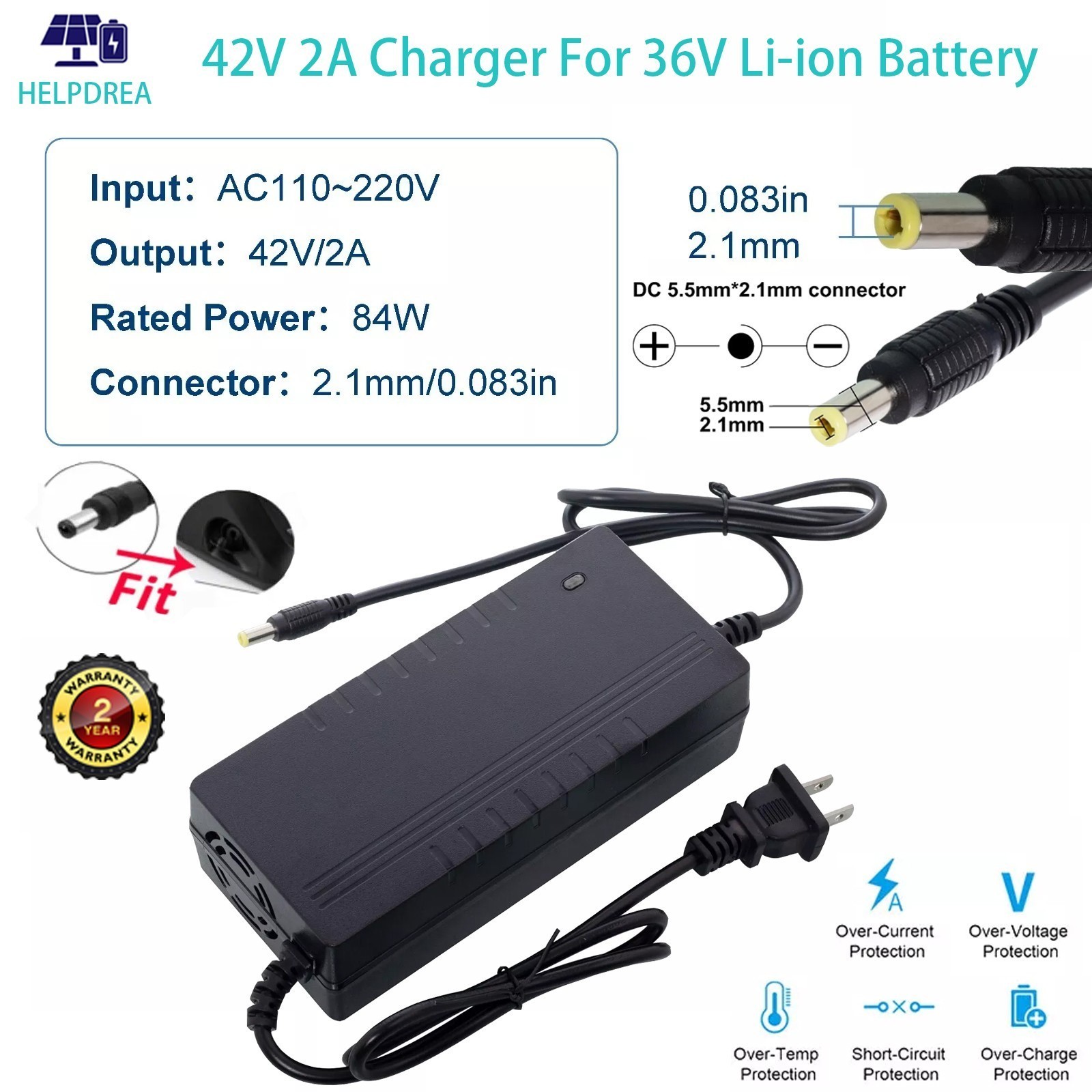 42V 2A Adapter Charger 36V Lithium Battery with 5.5mm*2.1mm DC Plug Port 84W 2