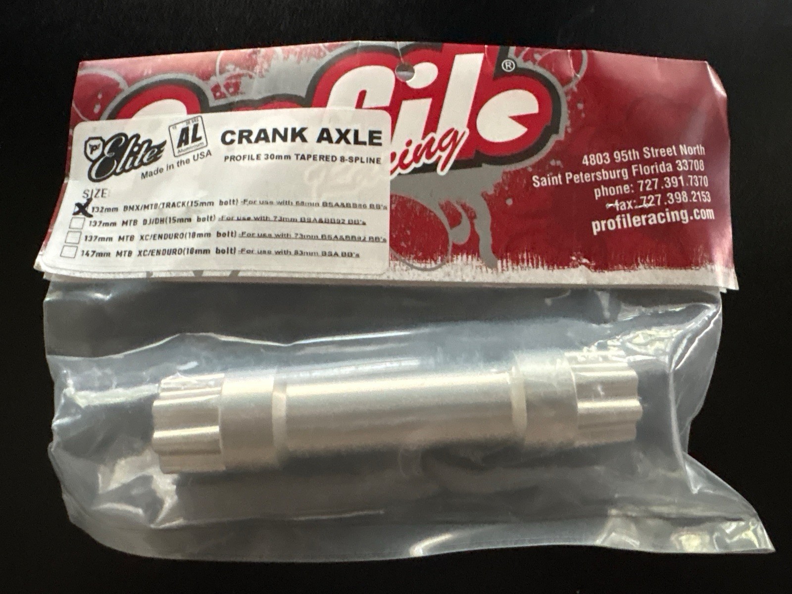 Profile Racing Elite AL Crank Axle 30mm Tapered 8 Spline 132mm