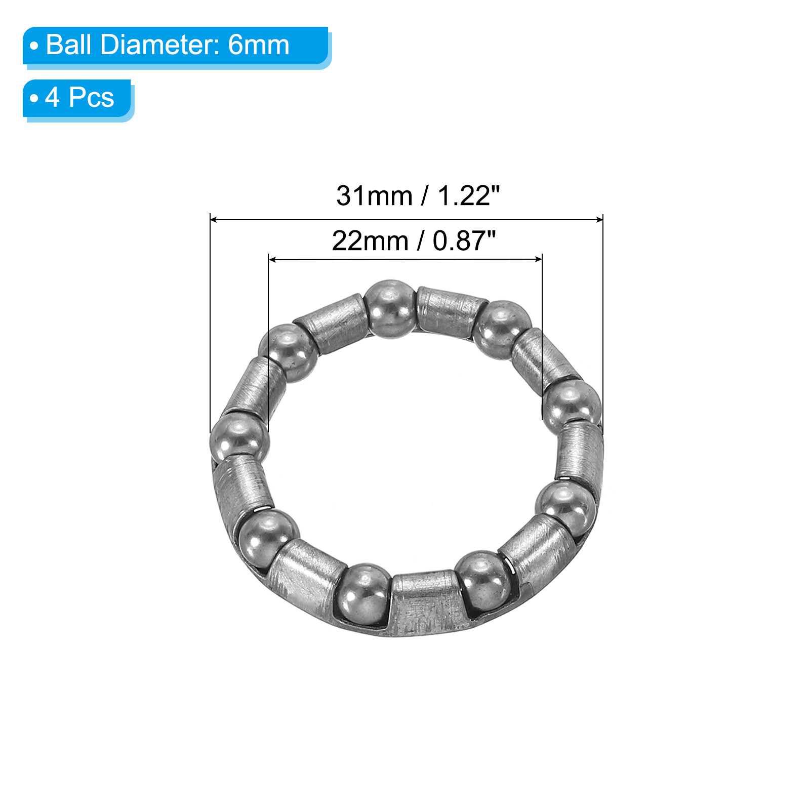 Bike Ball Crank Bearing 31mm x 9 Balls, 4 Pack Bicycle Bearings, Silver