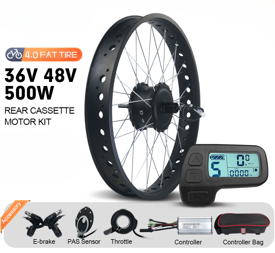 36V48V 500W EBike Fat Rear Cassette Hub Motor Wheel 170mm Dropout Snow Ebike Kit