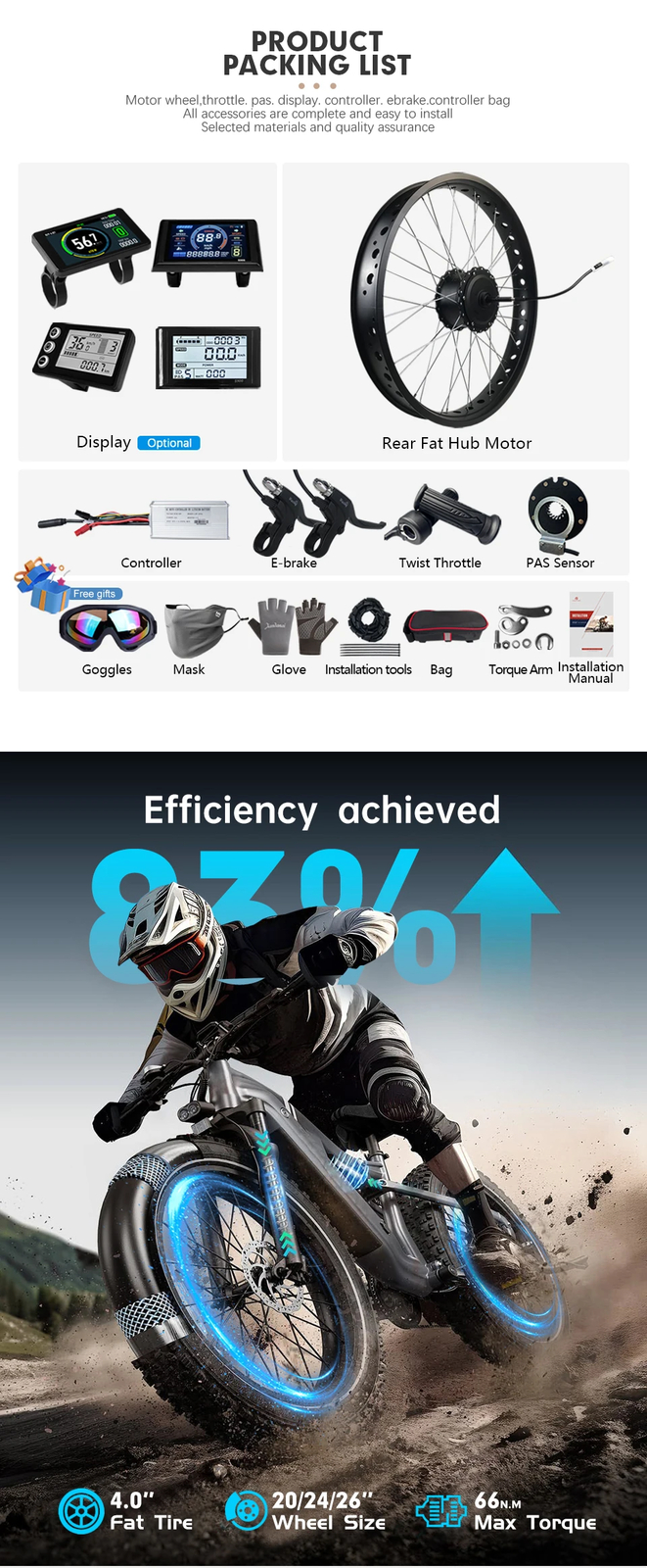 36V 48V 500W 20/24/26 Inch Snow Fat E-bike Rear Rotate Hub Motor Conversion Kit