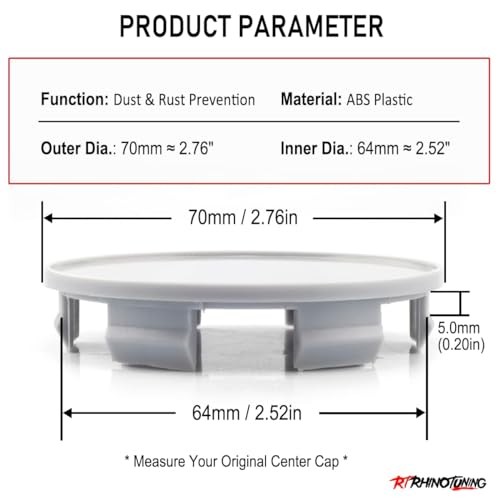 RT 4pcs 70mm/64mm Wheel Center Caps OD: 70mm / 2.76″, ID: 64mm / 2.52″ Gray