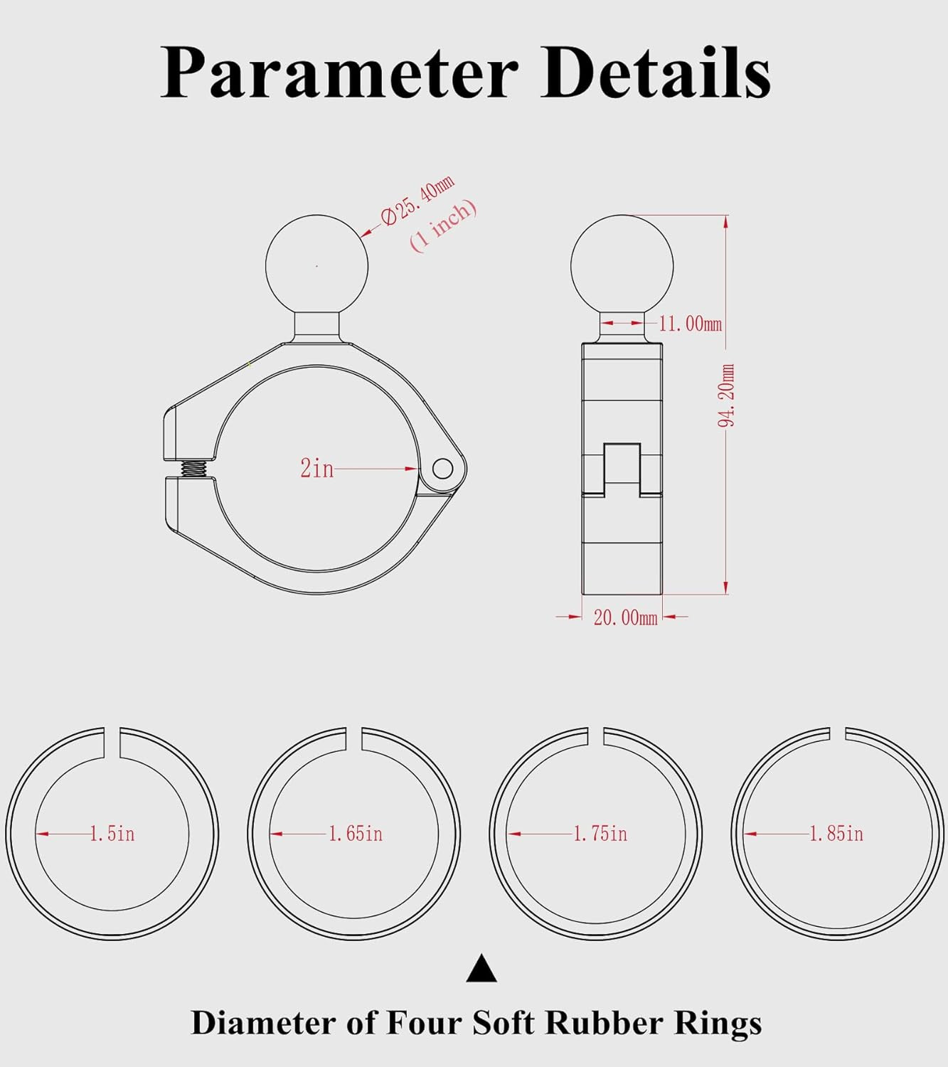 Aluminum Alloy Large Bar Clamp Mount Base with 1” TPU Ball | Fit 1.5” / 1.65”